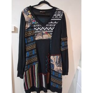 Kessley Womens Patchwork Mixed Media Sweater Dress Black Multi V-Neck Beaded M